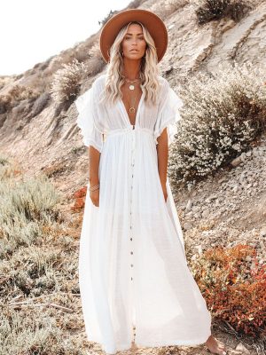 Beach Cover up Slubbed Fabric Button Draw Waist Strap Maxi Dress Sun Protection Shirt