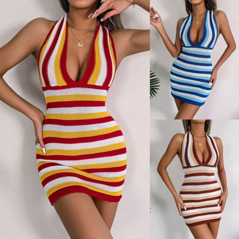 Spring Summer Gradient Color Lace-up Halterneck Backless Holiday Dress Hip - Image 5