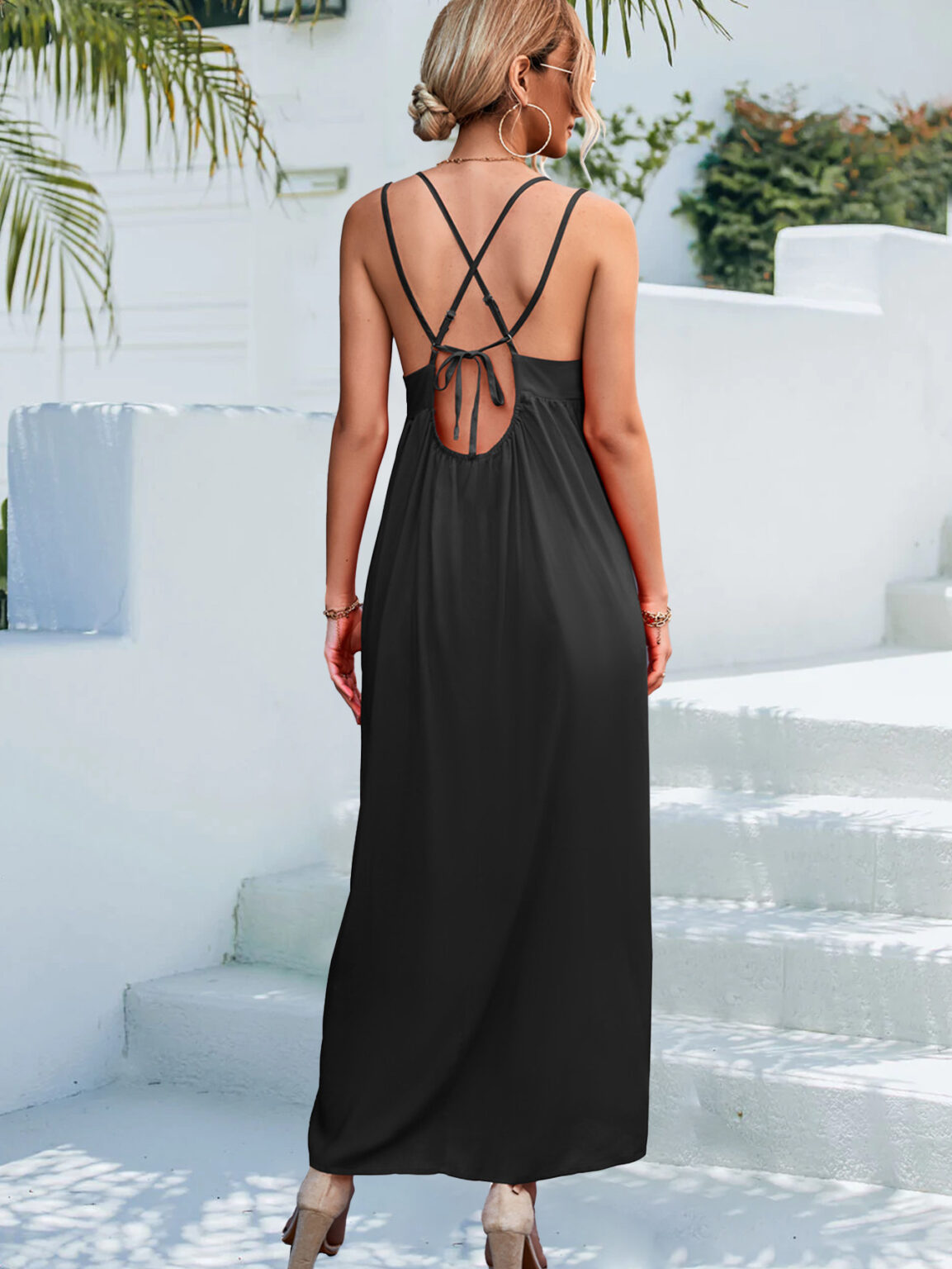 Spring Summer Sexy V neck Backless Strap Dress Beach Dress - Image 4