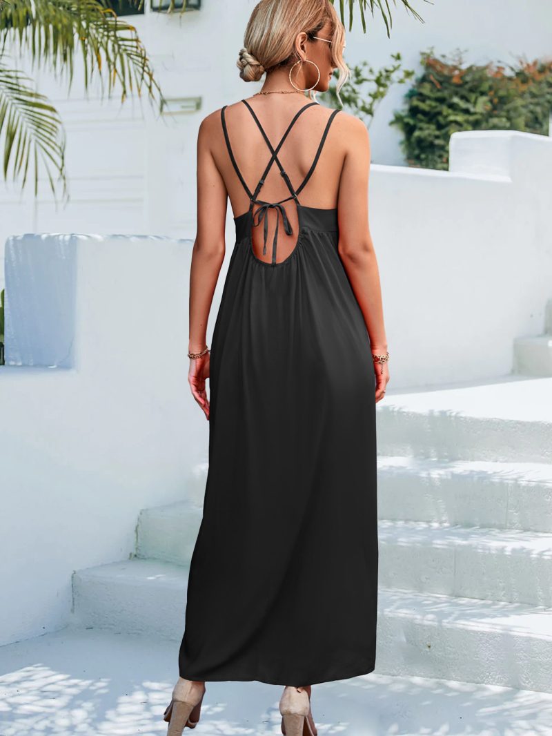 Spring Summer Sexy V neck Backless Strap Dress Beach Dress - Image 4