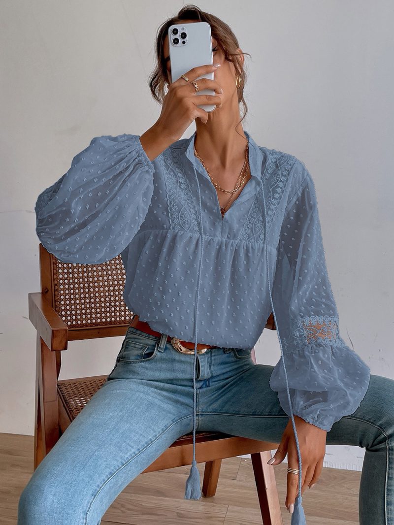 Autumn New Polka Dot Chiffon Lace Stitching Loose Office Women Shirt - Image 2