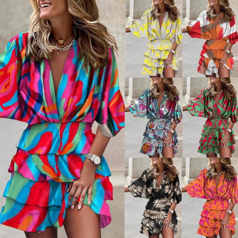 Women Batman Sleeve V Neck Irregular Hem Dress - Image 5
