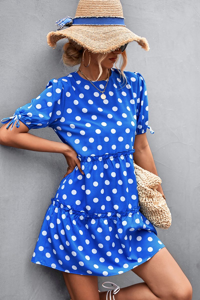 Women Clothing Spring Summer round Neck Puff Sleeve Tied Dress Short - Image 2