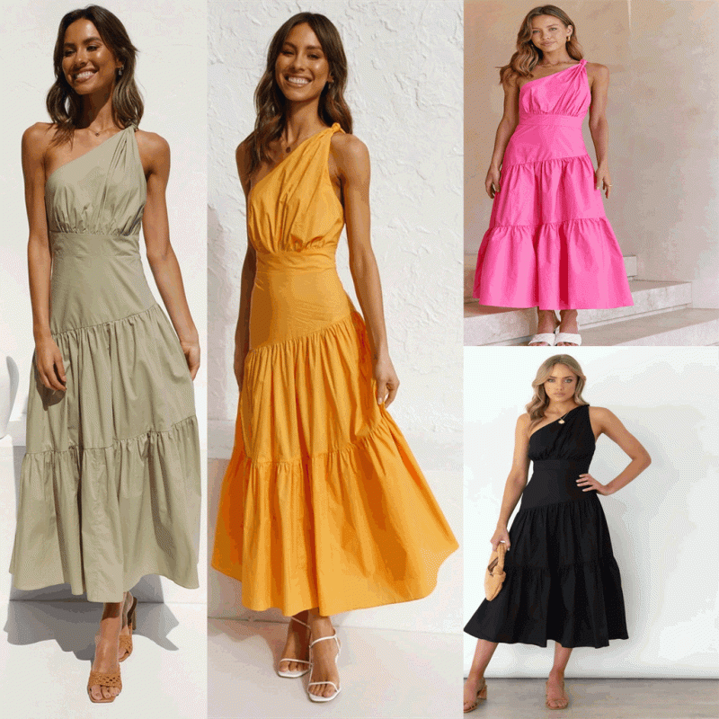 Spring Summer One-Shoulder Knotted Solid Color Fresh Long Sweet Dress - Image 5