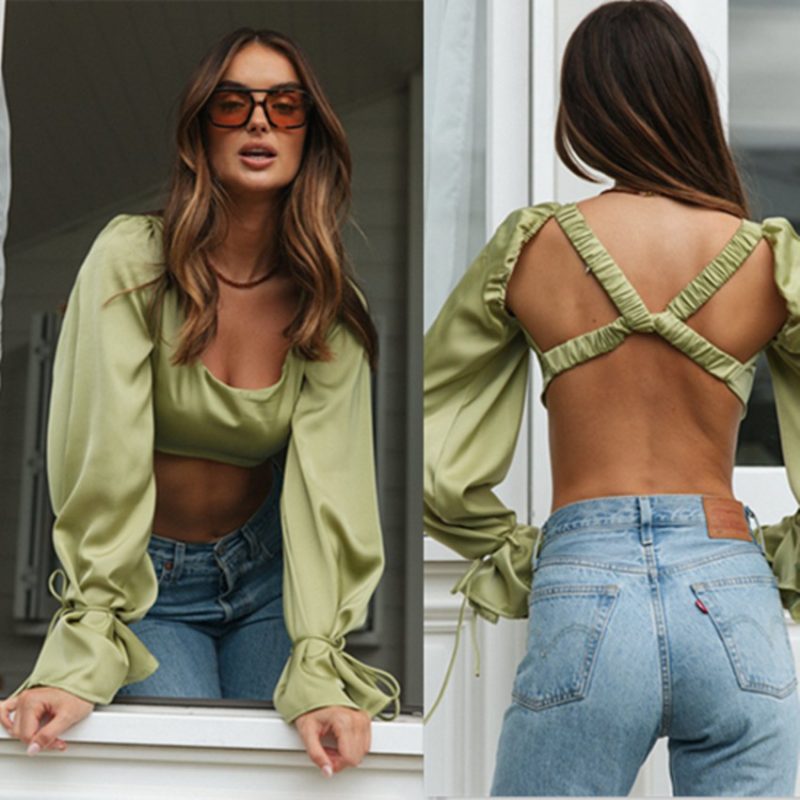 Women  Clothing Sexy Short Top Bell Sleeve Backless Shirt - Image 2