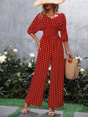 V neck Waist Controlled Slimming Polka Dot Printed Jumpsuit