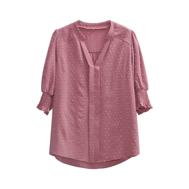 Jacquard Shirt Women Spring/Summer Office V neck Half Sleeve - Image 4