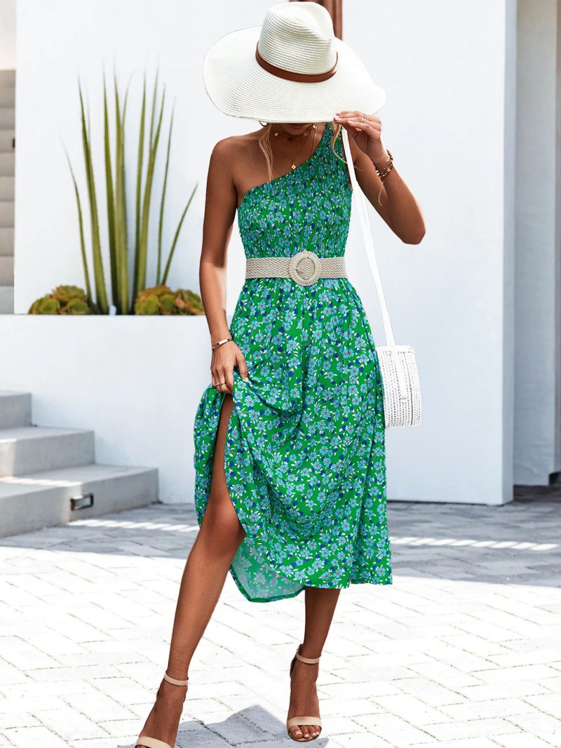 Spring Summer Sexy Oblique Shoulder Smocking Floral Print Dress for Women - Image 4