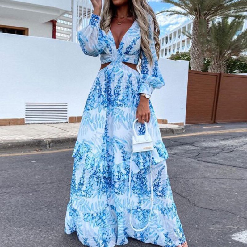 Spring Long Printed V Neck Long Sleeve Elegant Dress Women - Image 2