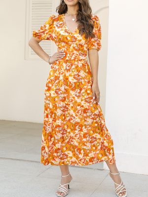 Spring Summer V Neck Short Sleeve Yellow Waist Slimming Printed Maxi Dress