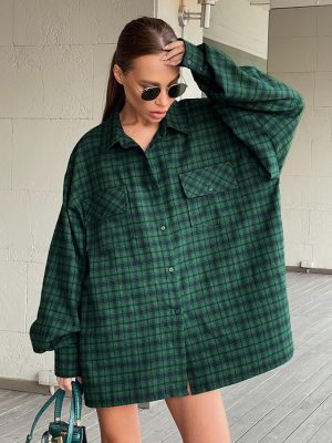 Women  Clothing Retro Plaid Shirt Green Boyfriend Mid Length Loose Oversize Shirt