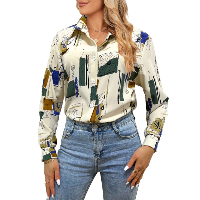 Women Clothing Spring Summer Printed Shirt Floral Top - Image 2