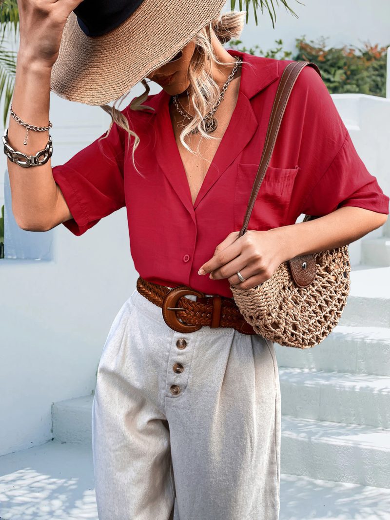 Spring Summer Vintage Suit Collar Short Sleeved Shirt Loose Top Women - Image 4