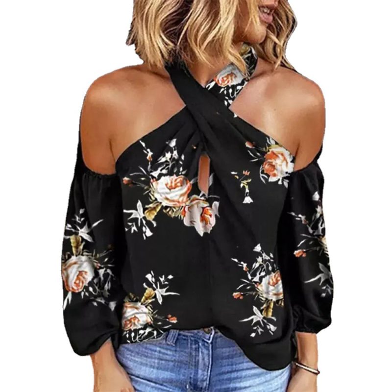 Summer Printed Long Sleeve Halter Sexy Backless Loose Top Women - Image 4