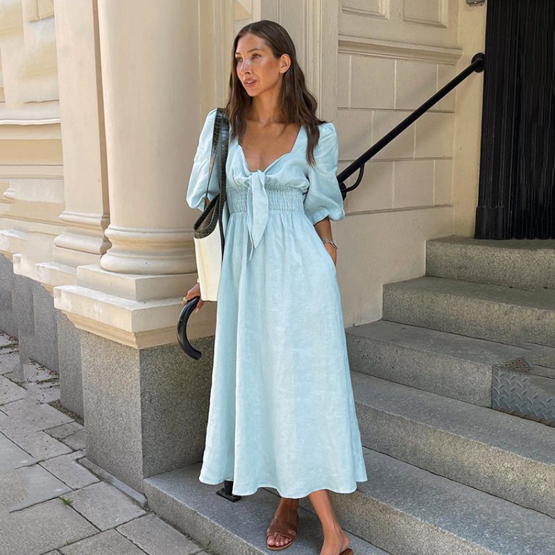 Summer French Elegant Dress Sexy Low Cut V neck Puff Sleeve High Waist Cotton Linen Dress - Image 2