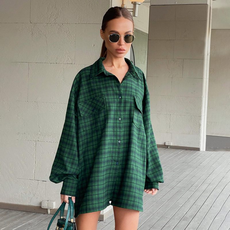 Women  Clothing Retro Plaid Shirt Green Boyfriend Mid Length Loose Oversize Shirt - Image 2