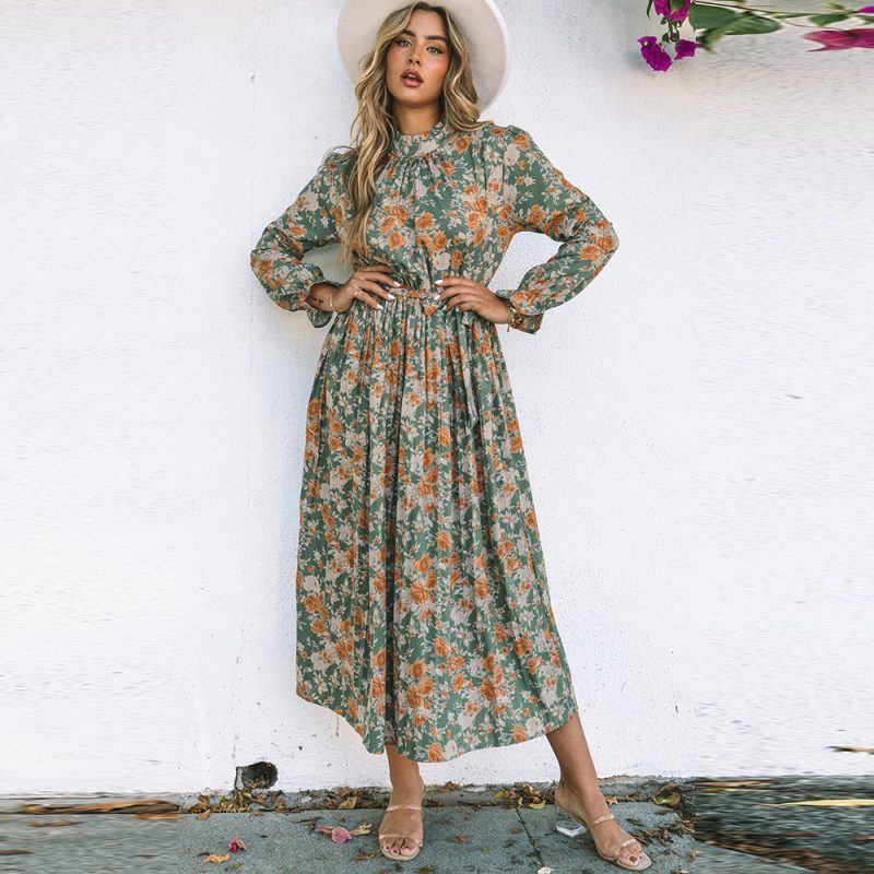 Green Pleated Long Sleeved Floral Dress with Tie Waist Trimming Dress - Image 2