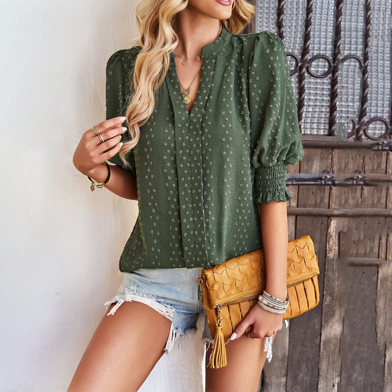 Jacquard Shirt Women Spring/Summer Office V neck Half Sleeve - Image 3