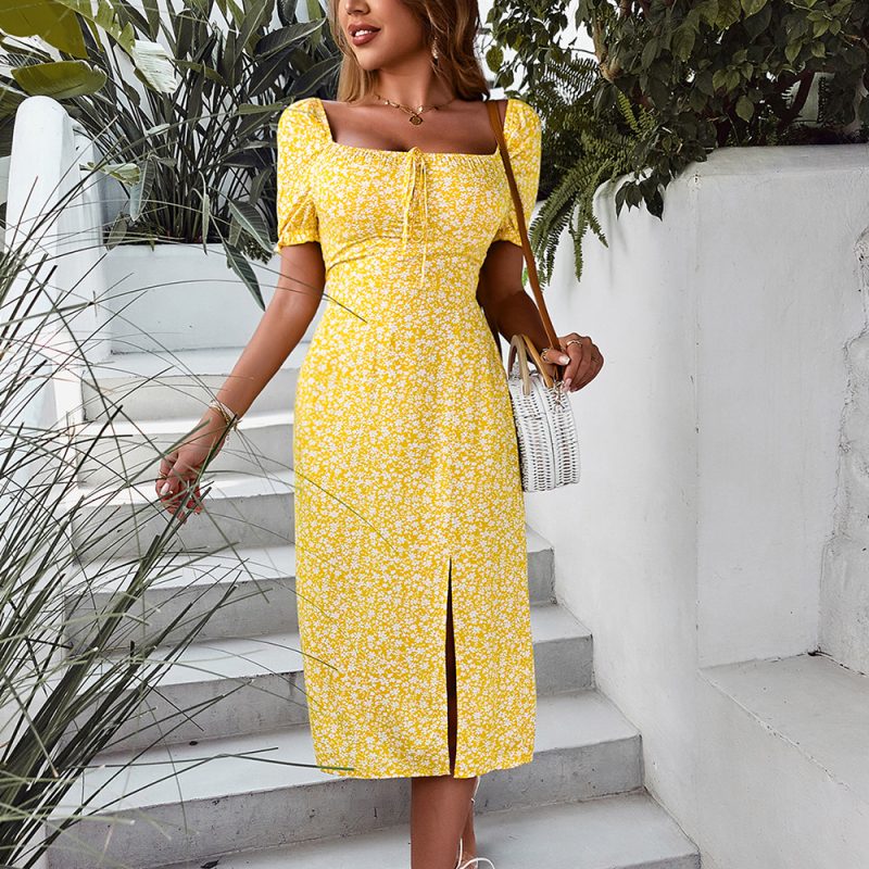 Office Dress French Square Collar Split  Women