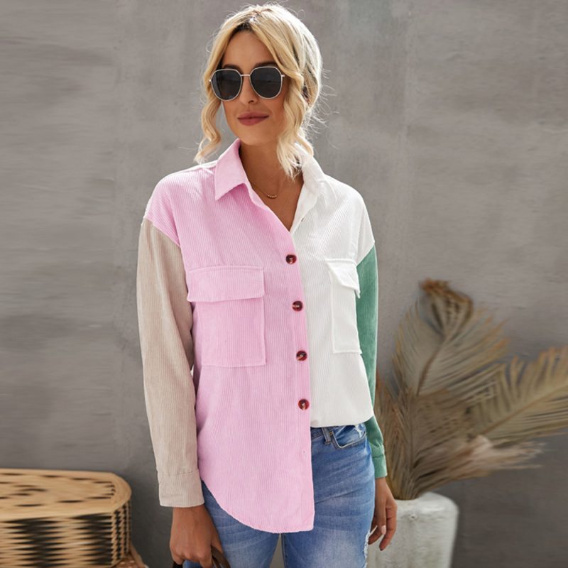 Color Block Stitching Autumn Shirt Women  Loose Long Sleeve Single Breasted Shirt - Image 2