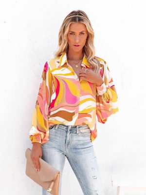 Autumn Winter Printed Lantern Sleeve Collared Cardigan Single Breasted Casual Shirt Women Top