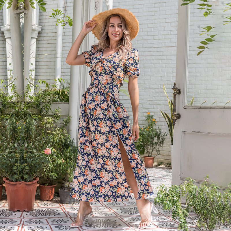 Women Clothing Printed Short Sleeve Dress Dress with Vents Swing Maxi Dress Women