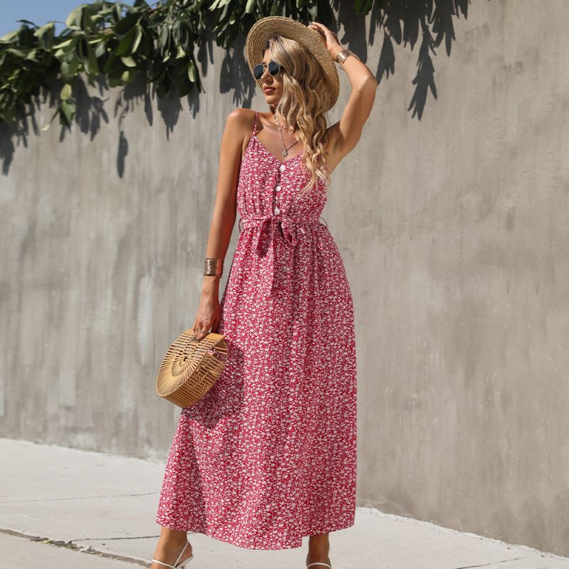 Summer Floral Print V-neck Belt Strap Dress Large Swing Dress For Women Sundress - Image 3