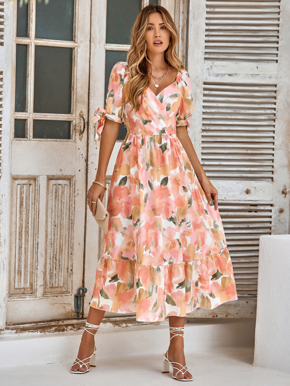 Summer Women Clothes Casual Printed Waist Controlled Puff Sleeve V neck Maxi Dress - Image 2