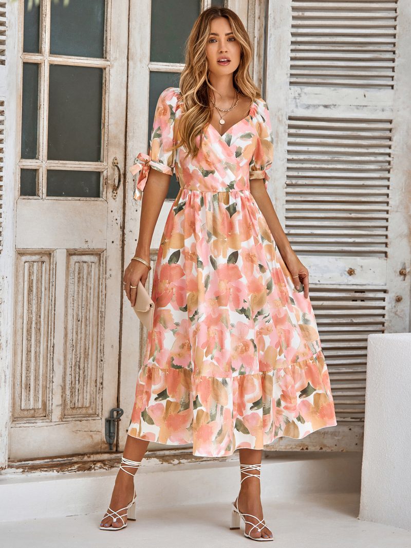 Summer Women Clothes Casual Printed Waist Controlled Puff Sleeve V neck Maxi Dress - Image 2