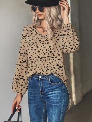 Autumn Winter V neck Pullover Print Long Sleeve Shirt