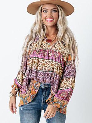 Bohemian Long Sleeved Top Women Autumn Loose V neck Pullover