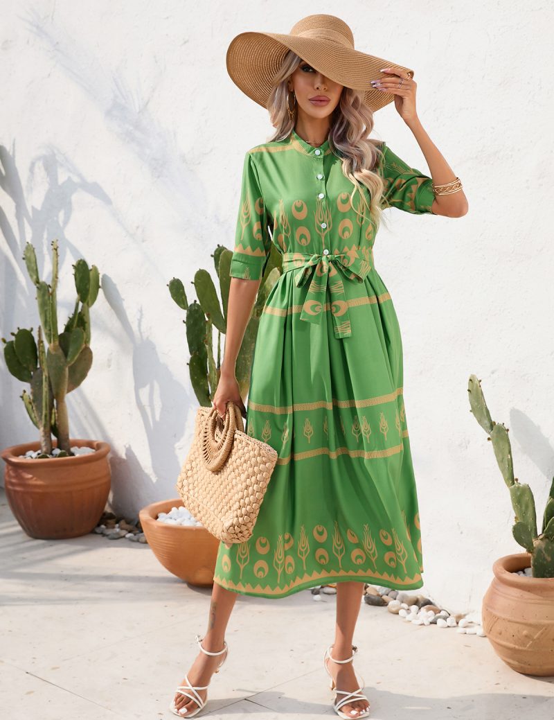 Women Clothing Station Summer National Printing Half Length Sleeve Dress