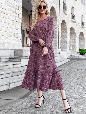 Spring Summer New Elegant round Neck Print Holiday Dress Tiered Dress