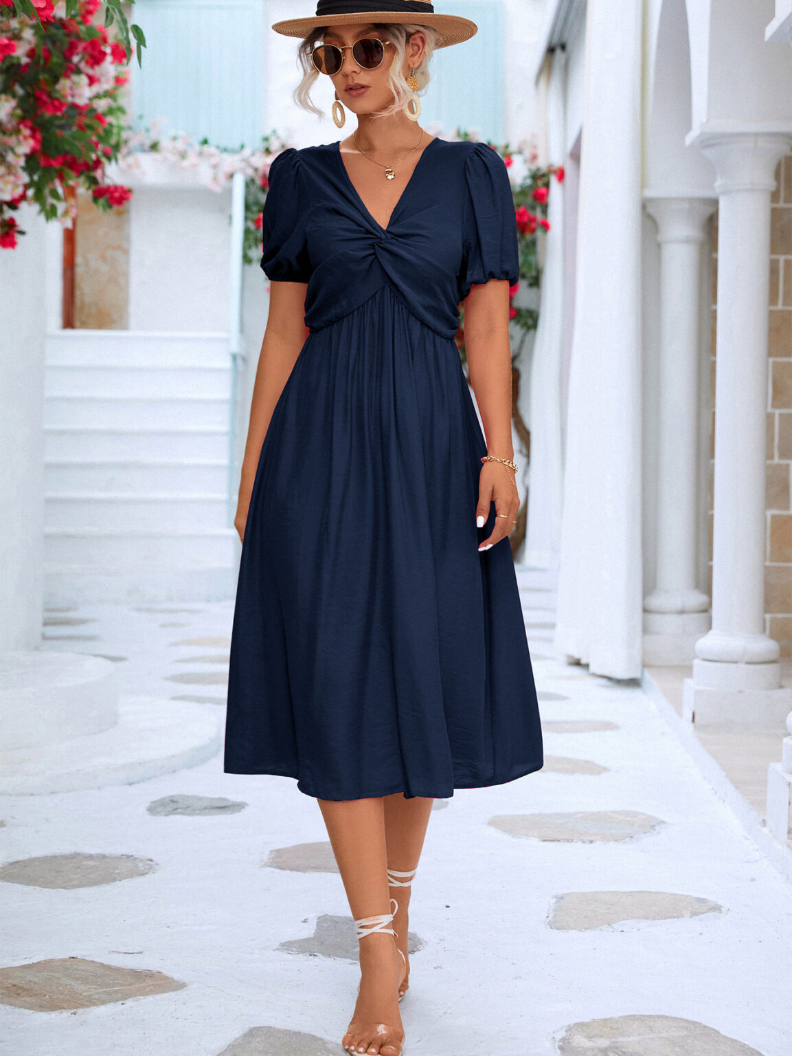 Spring Summer Women  Clothing Solid Color Short Sleeve Twist Dress - Image 2