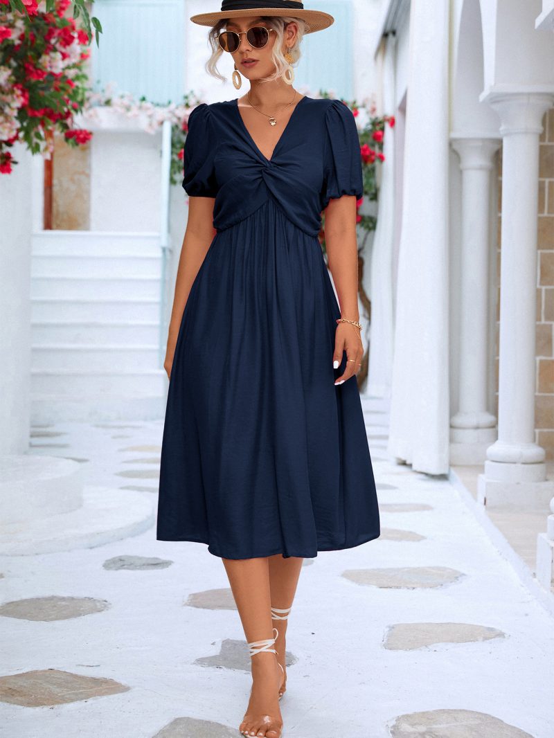 Spring Summer Women  Clothing Solid Color Short Sleeve Twist Dress - Image 2