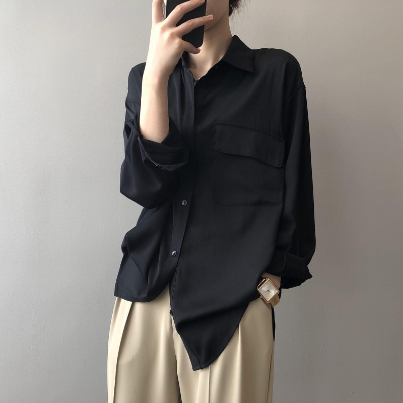 Solid Color Shirt for Women Spring Korean Dignified Sense of Design Top Long Sleeve Shirt for Women - Image 3