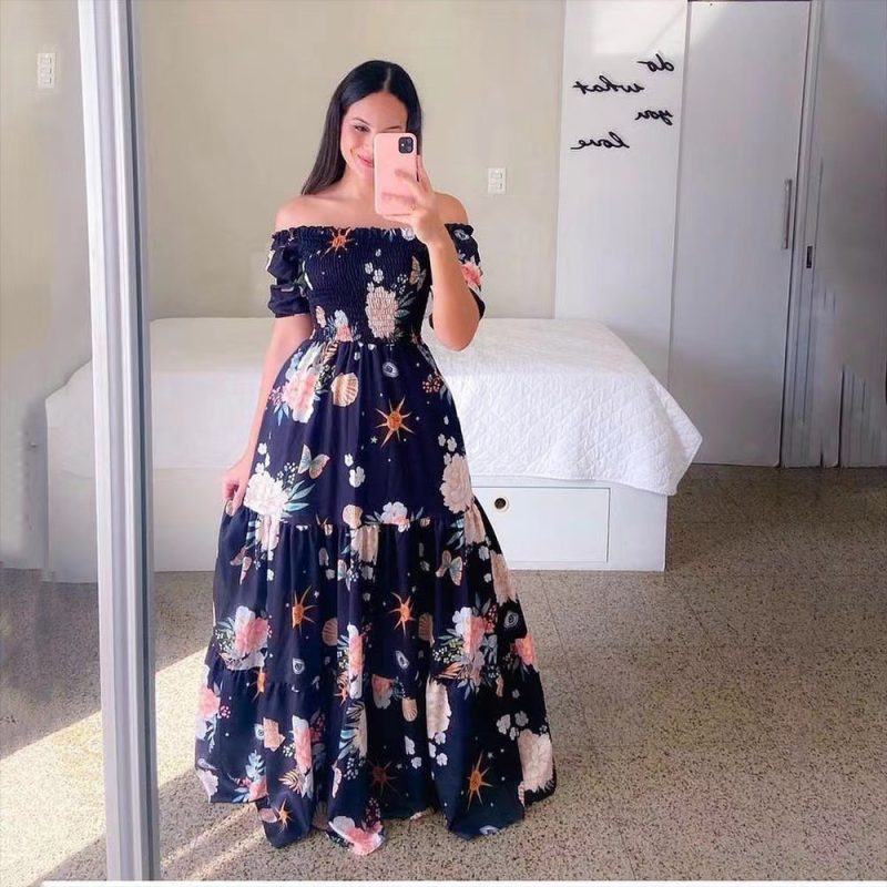 Spring Summer Women  Dress Elegant French Print Short Sleeve off the Shoulder Dress - Image 3