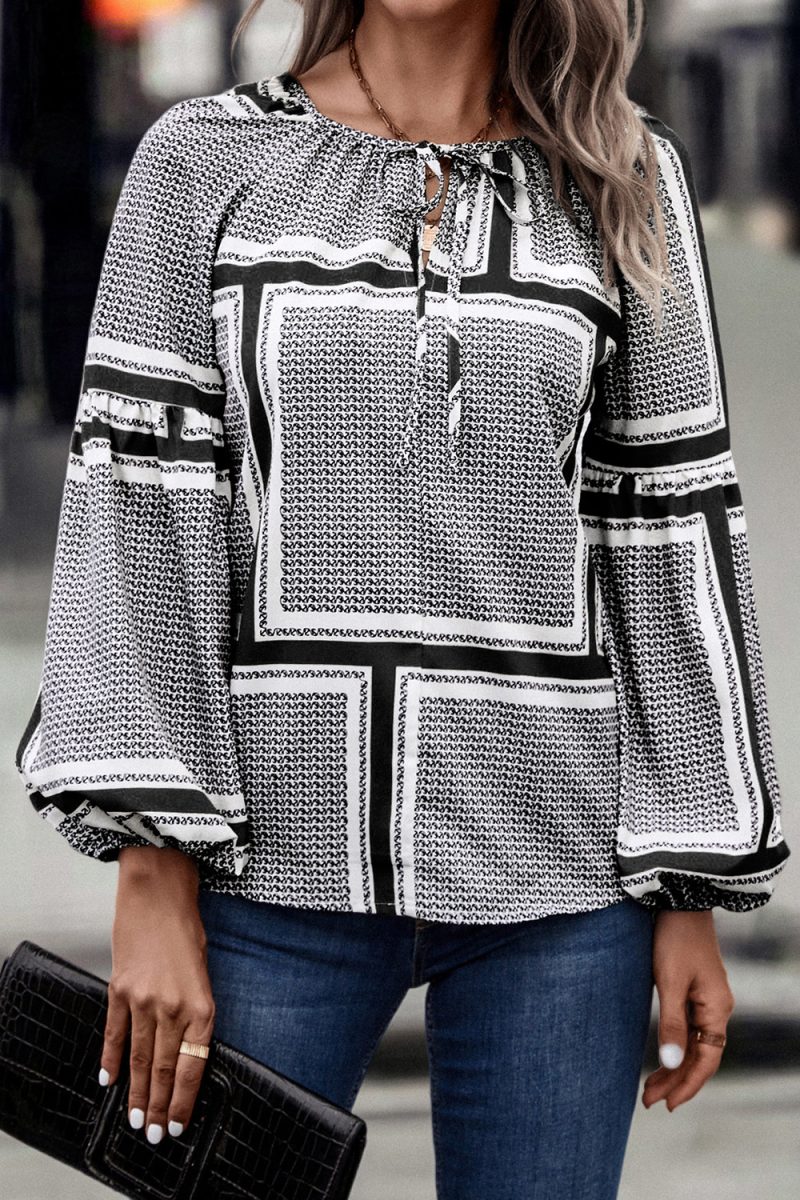 Autumn Winter Women Clothing Lantern Sleeve Printed Shirt - Image 3