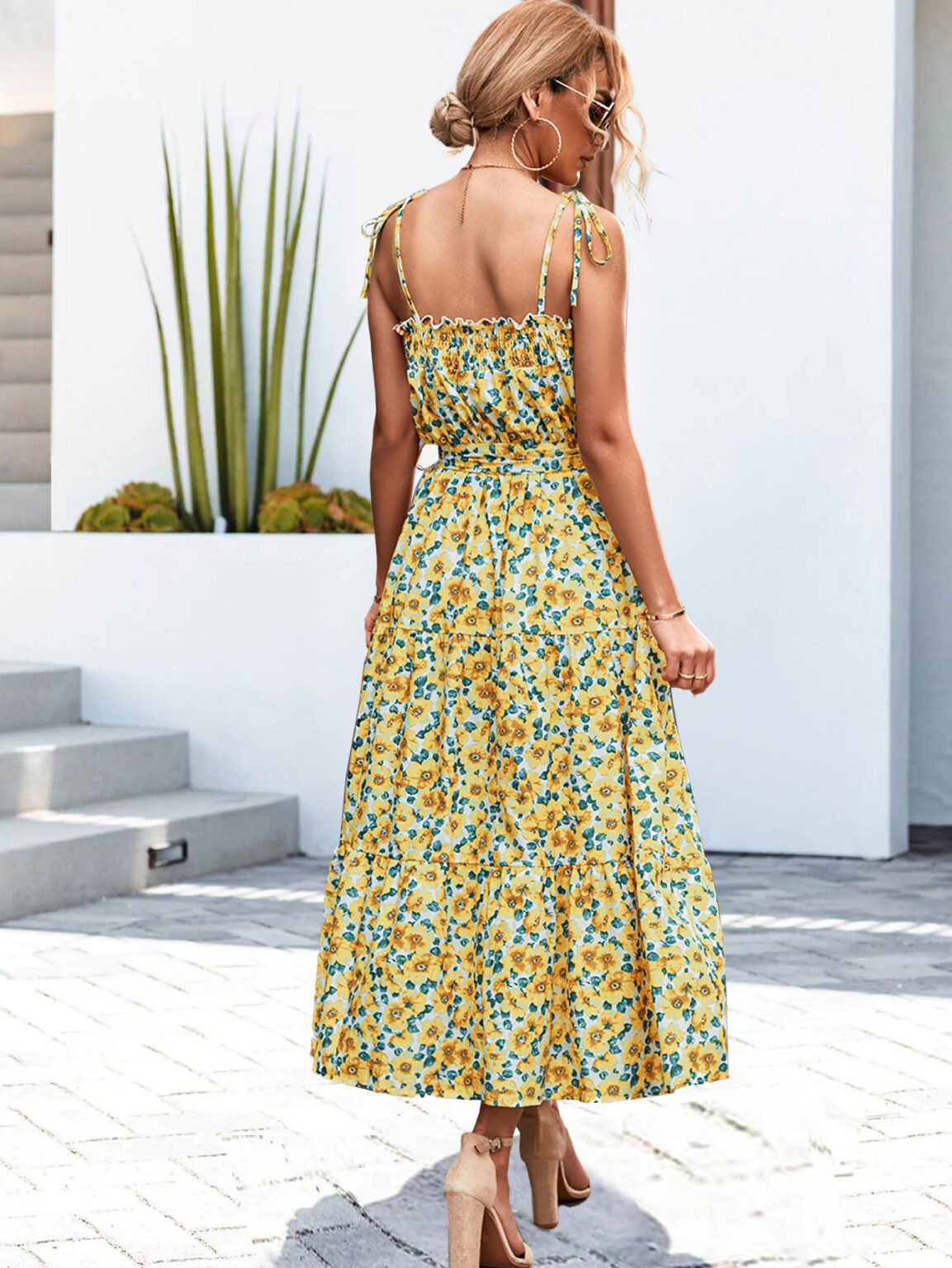 Spring Summer Sling Pocket Pleating Floral Mid Length Dress Women - Image 4