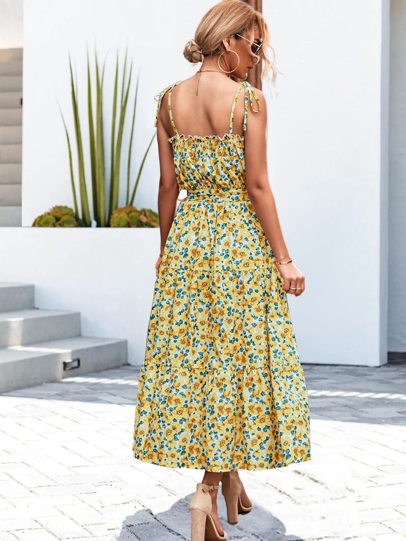 Spring Summer Sling Pocket Pleating Floral Mid Length Dress Women - Image 4