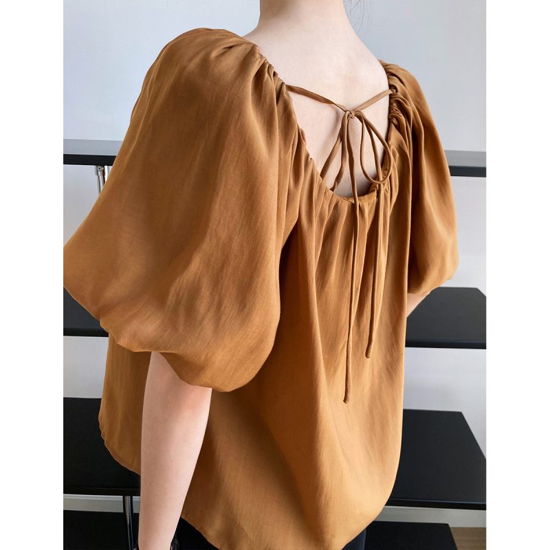 Summer Korean Tencel Puff Sleeve off-the-Shoulder Chiffon Shirt Women High-Grade Thin Doll Shirt Small Shirt - Image 3