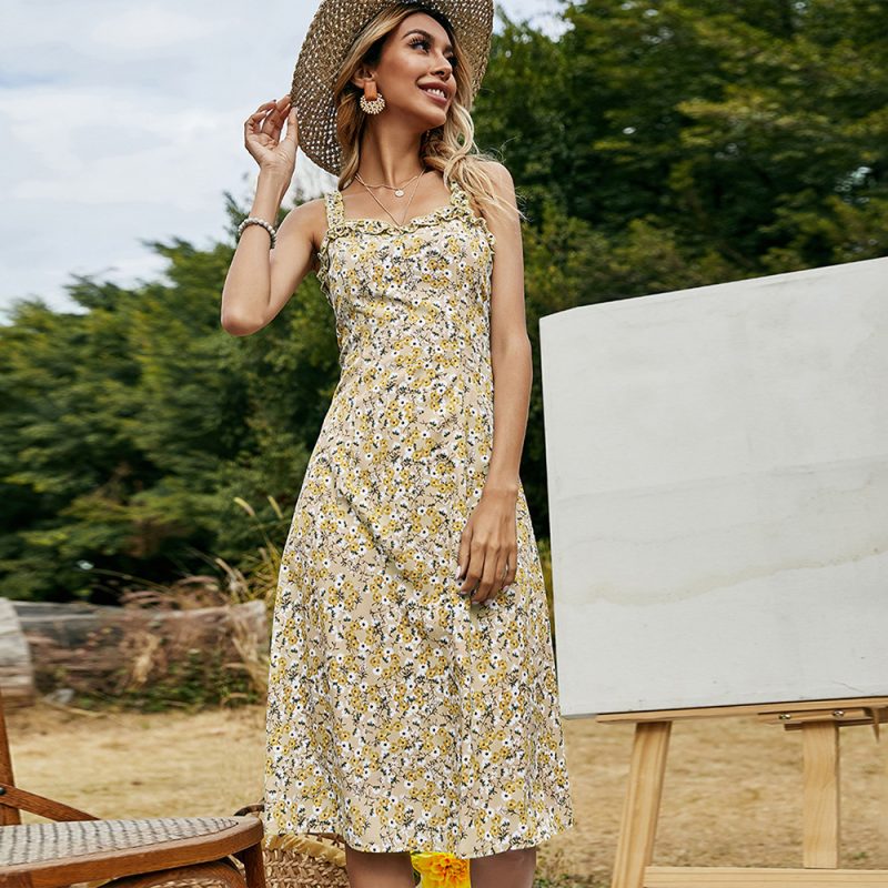 Summer Women Clothing Elegant Wooden Ear Mid-Length Strap Floral Dress for Women - Image 2