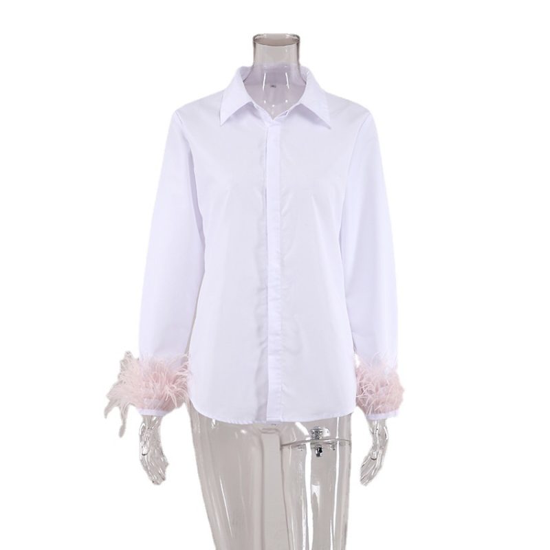 Spring Fashion Slim Fit Workplace Ostrich Feather Long Sleeve Women White Shirt Top - Image 5