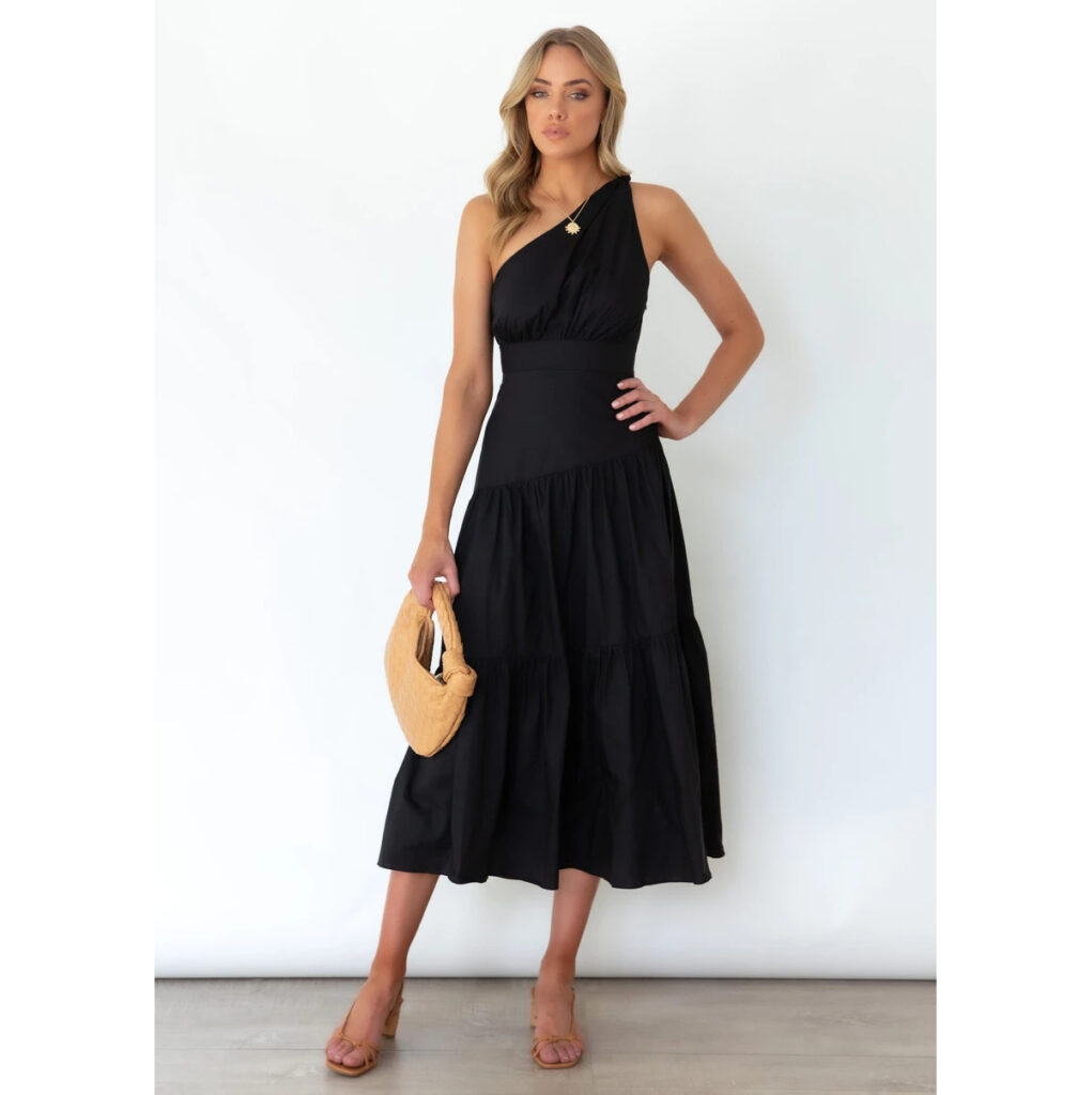 Spring Summer One-Shoulder Knotted Solid Color Fresh Long Sweet Dress - Image 4