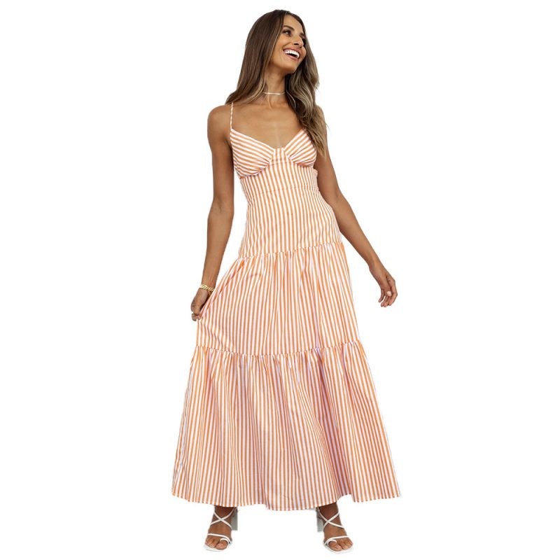 New Women Clothes Striped Halter Lace-up Lotus Leaf Stitching Dress Fashion - Image 4