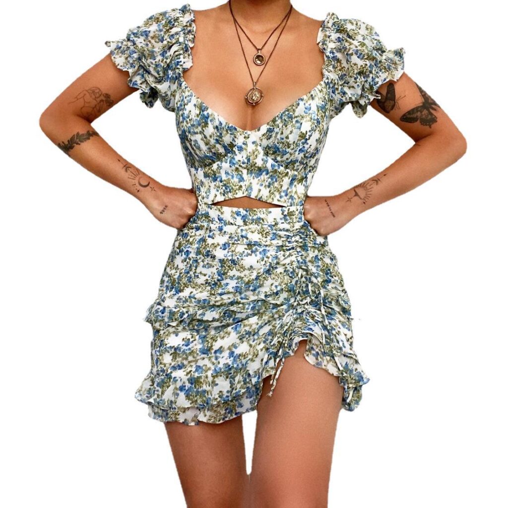 Summer Floral V-neck Sexy Ruffled Stitching Irregular Asymmetric Dress - Image 4