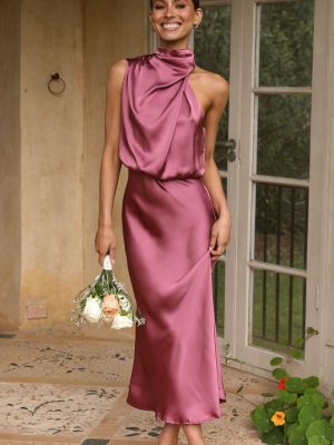 Summer Mature Elegant Women Clothing Sleeveless Halter Solid Color Satin Dress