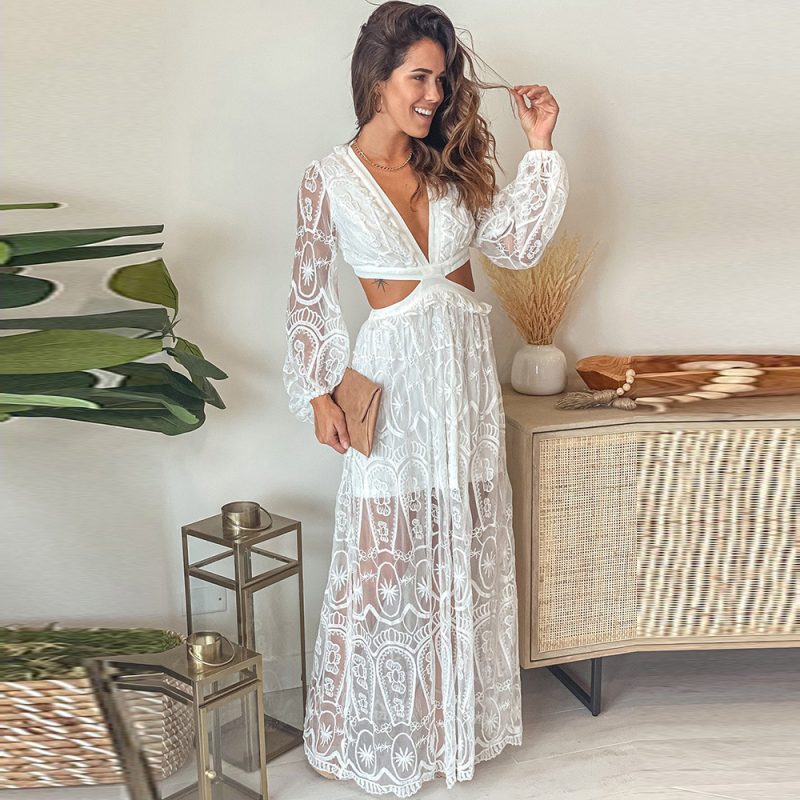 Double Layer Lace Tulle Dress Women Size Summer Solid Color Sexy Deep V Plunge Waist Dress - Image 2