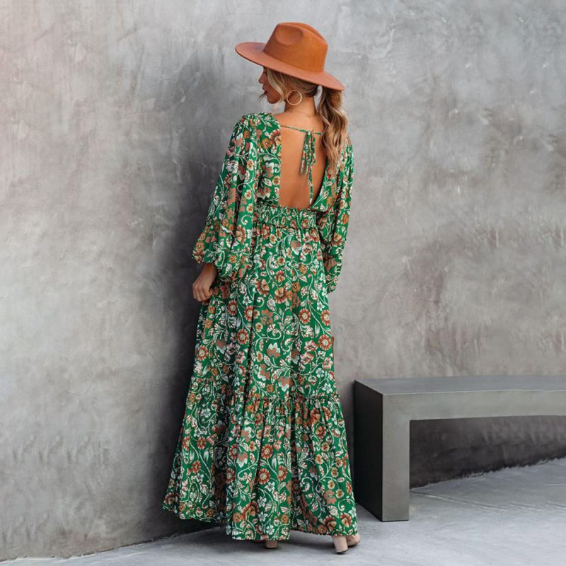 Maxi Floral Print Lantern Long Sleeve V-neck Maxi Backless Stitching Dress Maxi Dress Spring Summer - Image 3