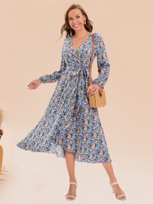 Women Clothes Autumn Winter V neck Long Sleeve Tied Elegant Floral Midi Dress